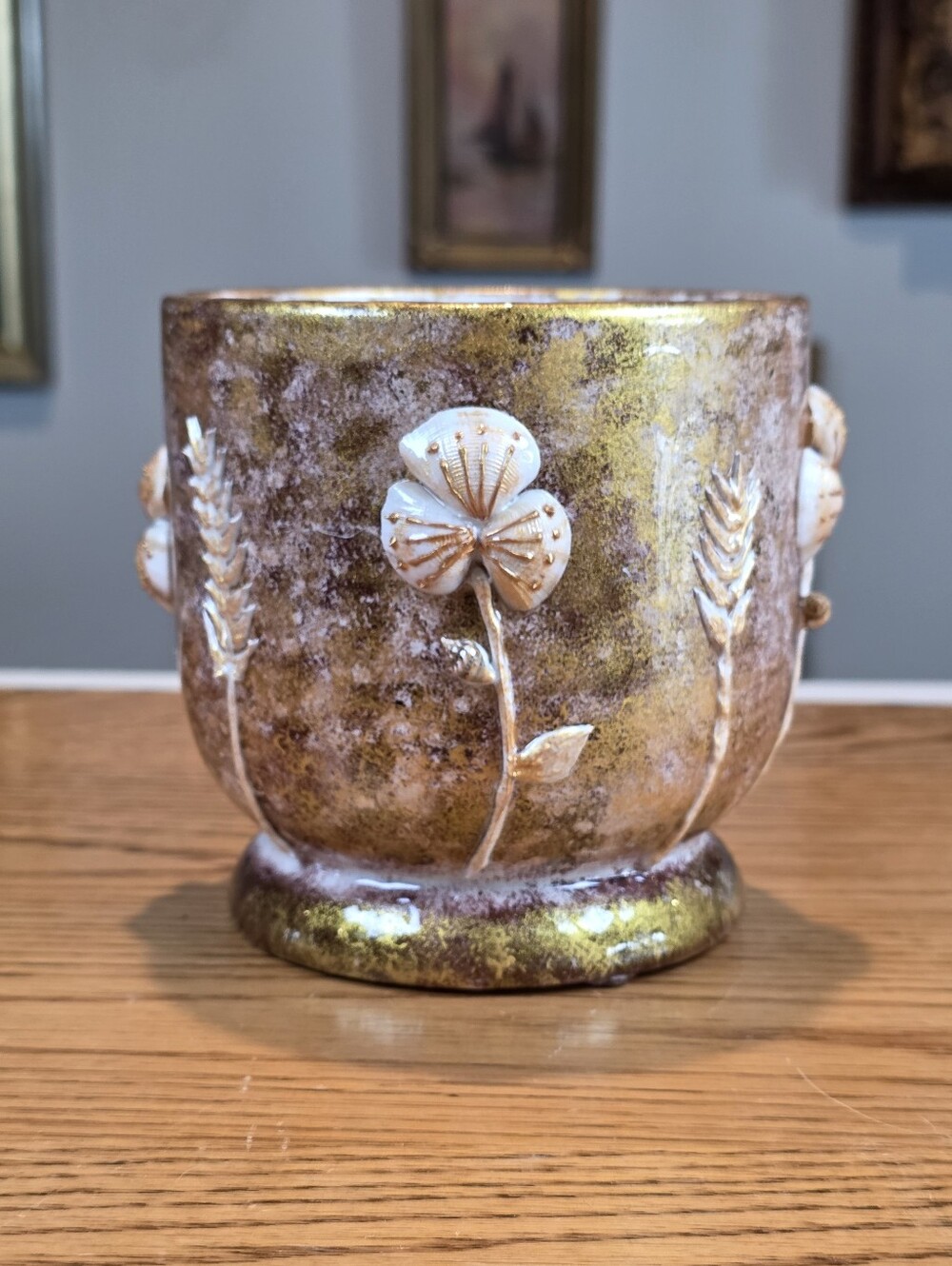 Handcrafted Gold Floral Ceramic Planter Pot - 3D Wheat Flower 4.75" Saucer Vase